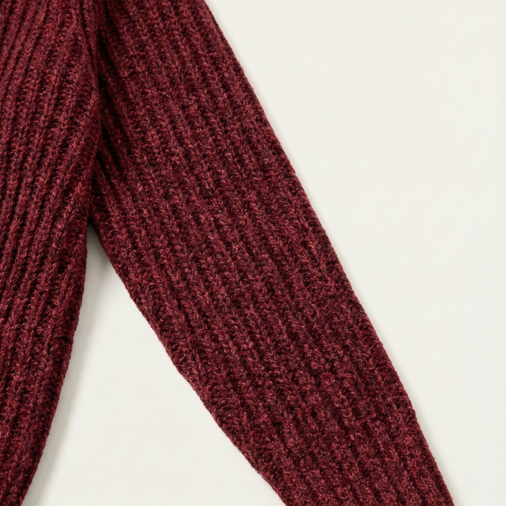 Chunky knit cardigan sleeve detail, burgundy red ribbed knit with shoulder seam