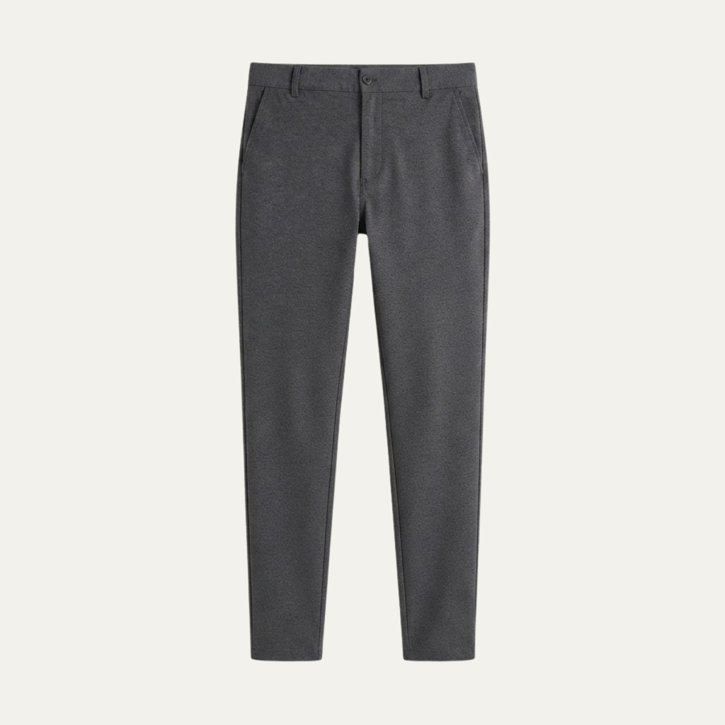 Men's slim-fit casual business dress pants, dark gray with crease and button closure