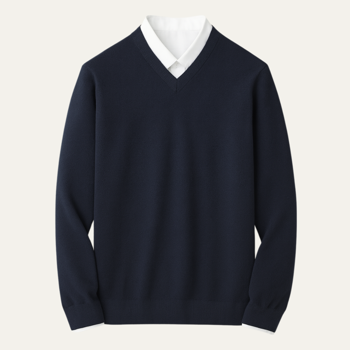 Men's cashmere V-neck sweater, navy blue knit with ribbed cuffs and hem.