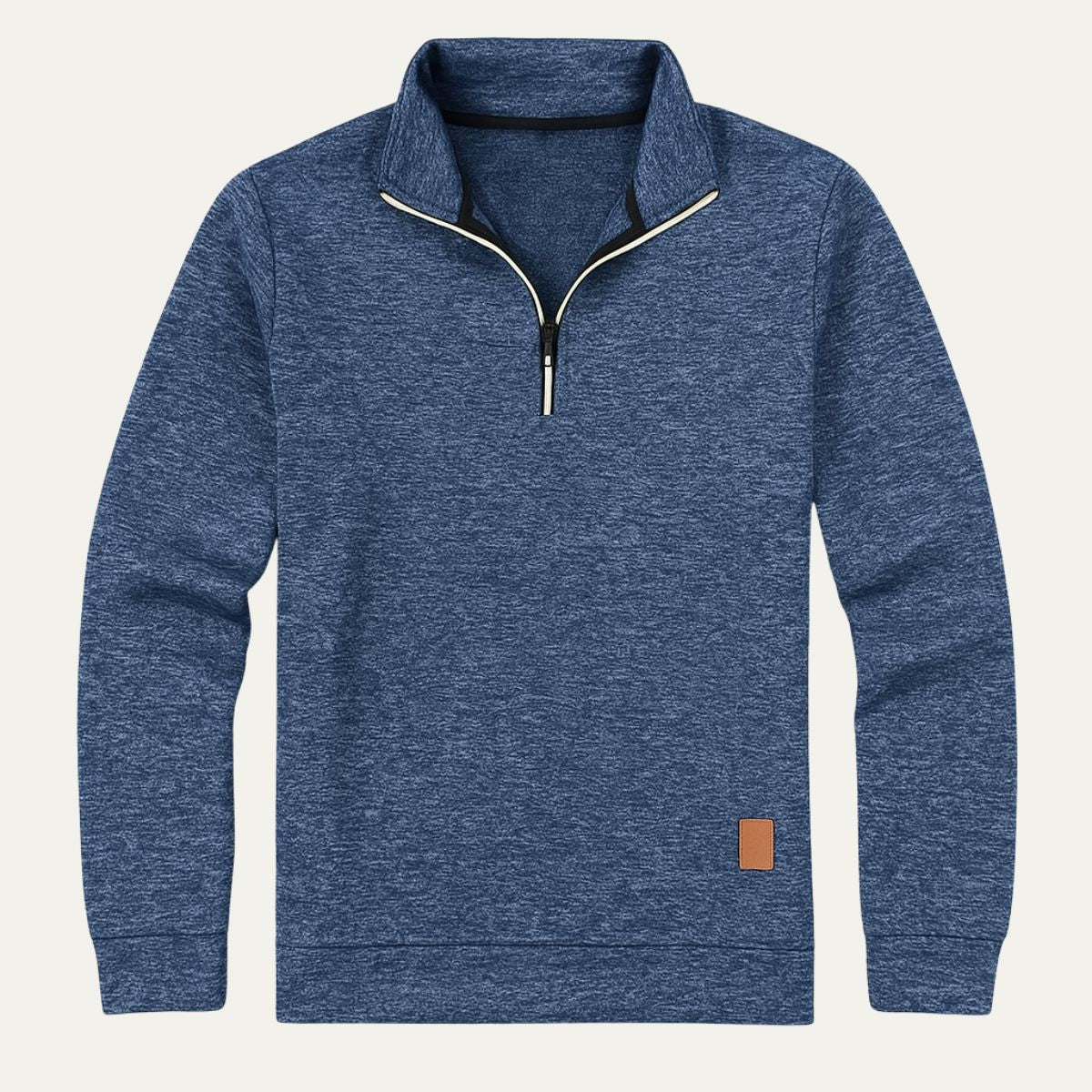 Men's blue heather half-zip fleece pullover with stand collar and long sleeves, tan patch