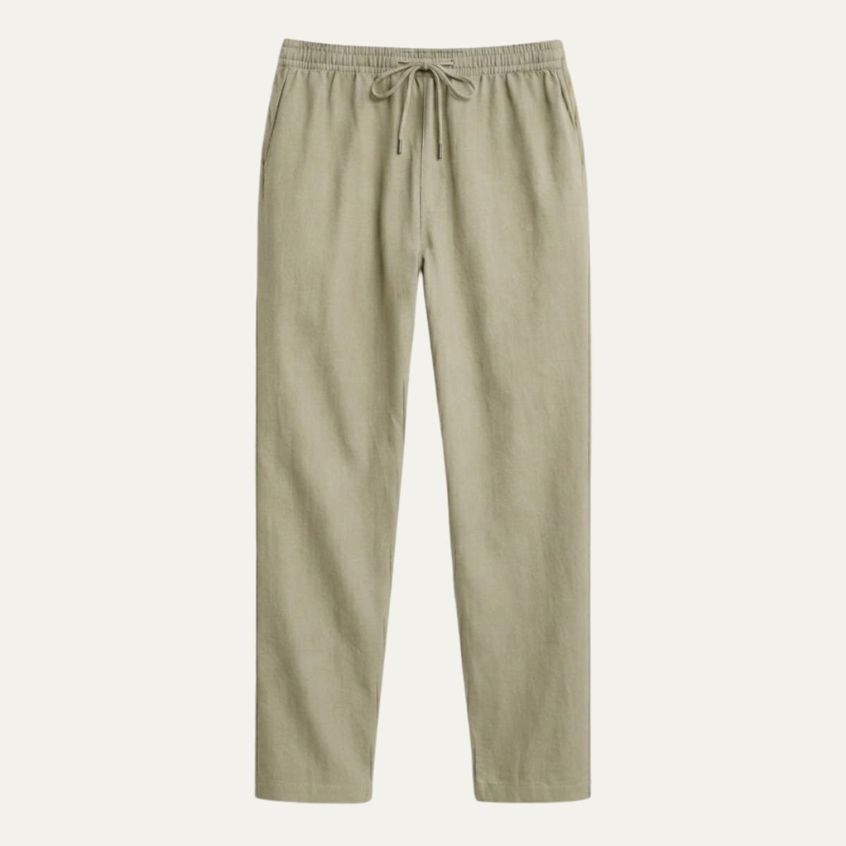 Men's hemp straight-leg pants in khaki, elastic waistband with drawstring