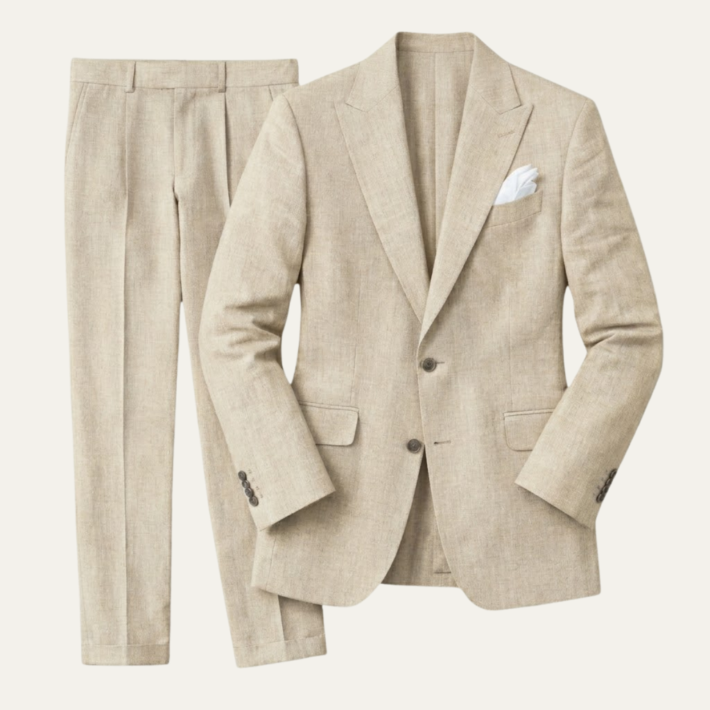 Beige linen slim-fit suit blazer and flat-front pants with white pocket square