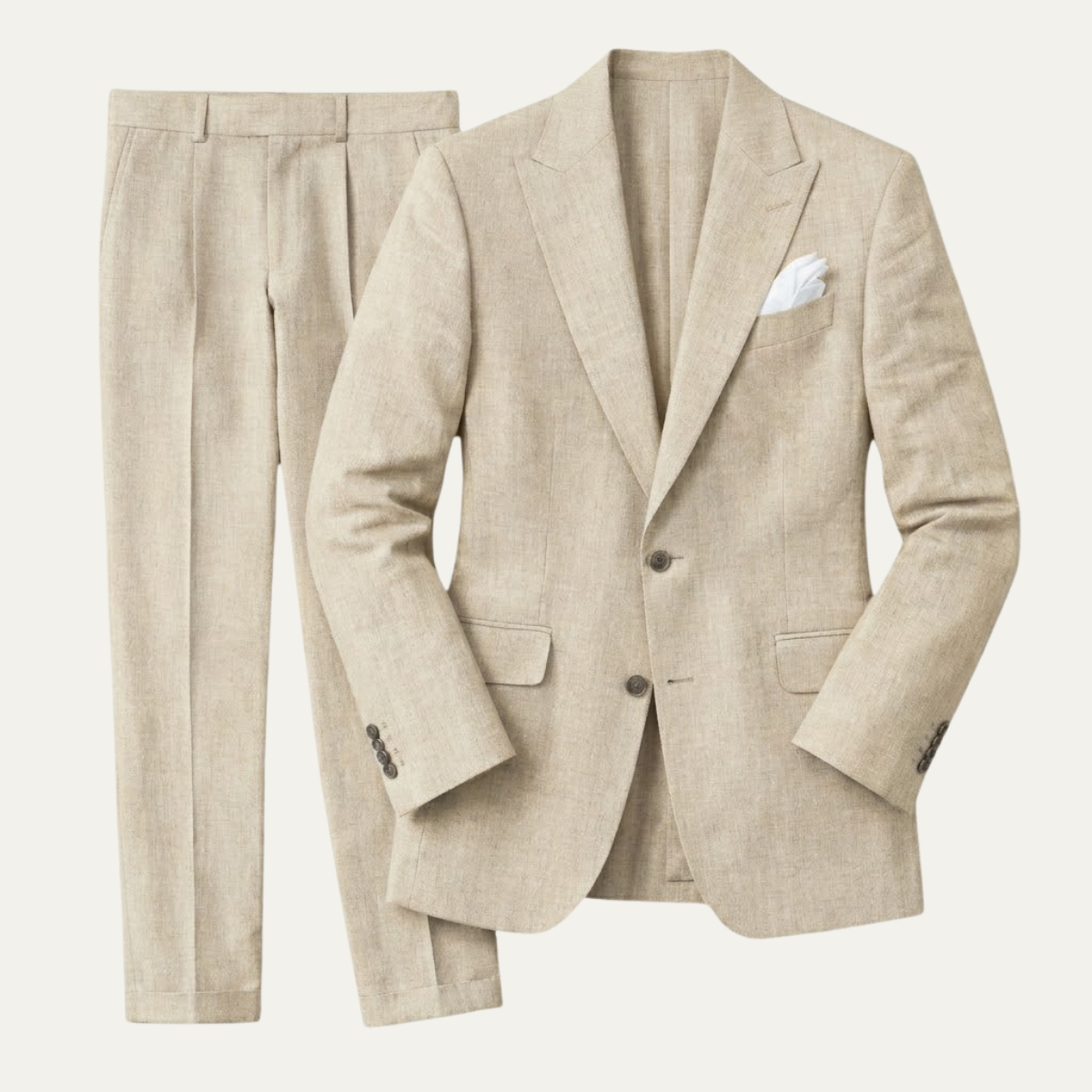 Beige linen slim-fit suit blazer and flat-front pants with white pocket square
