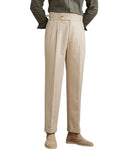 Beige men’s pleated linen tailored pants, straight fit with cuffed hem