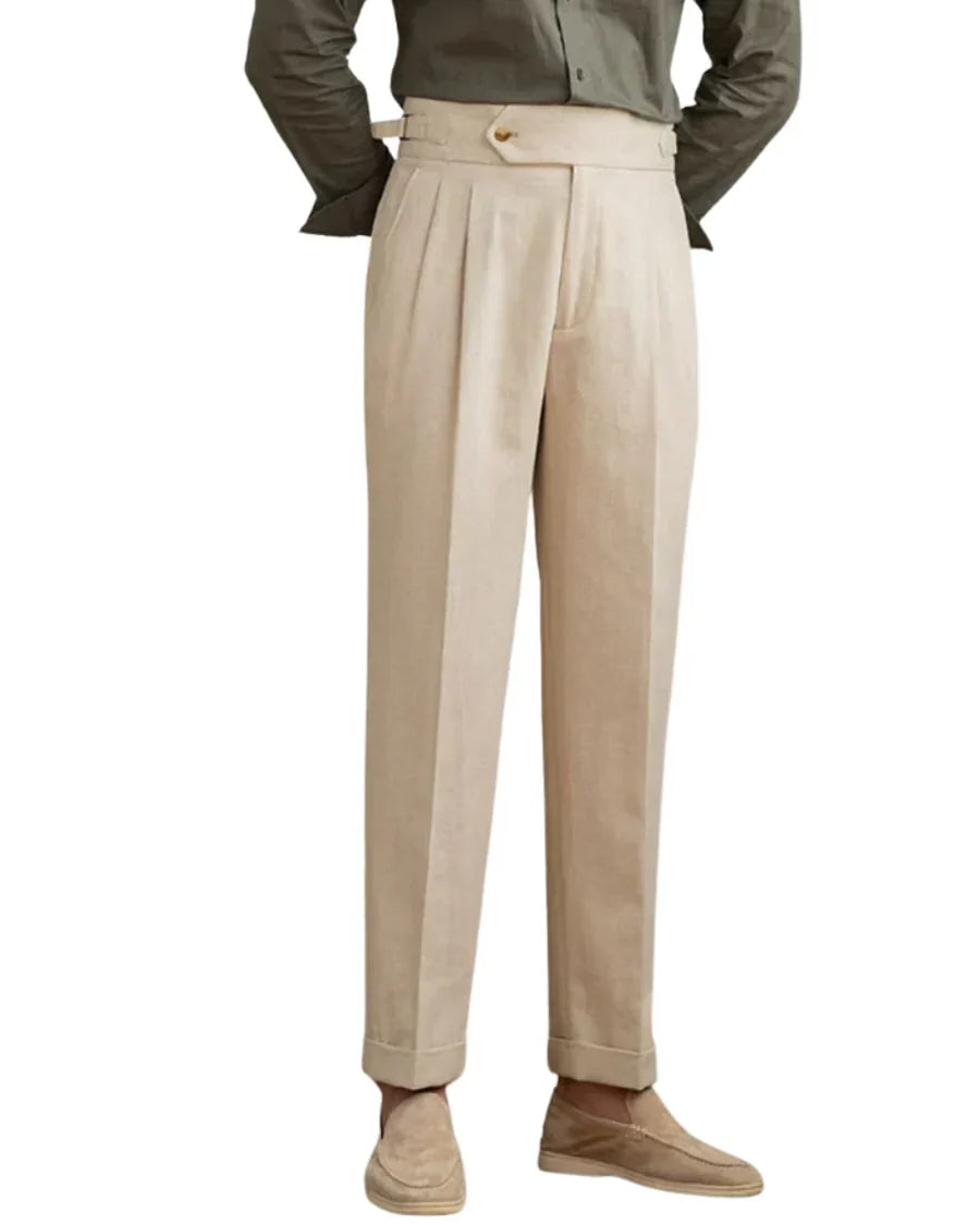 Beige men’s pleated linen tailored pants, straight fit with cuffed hem