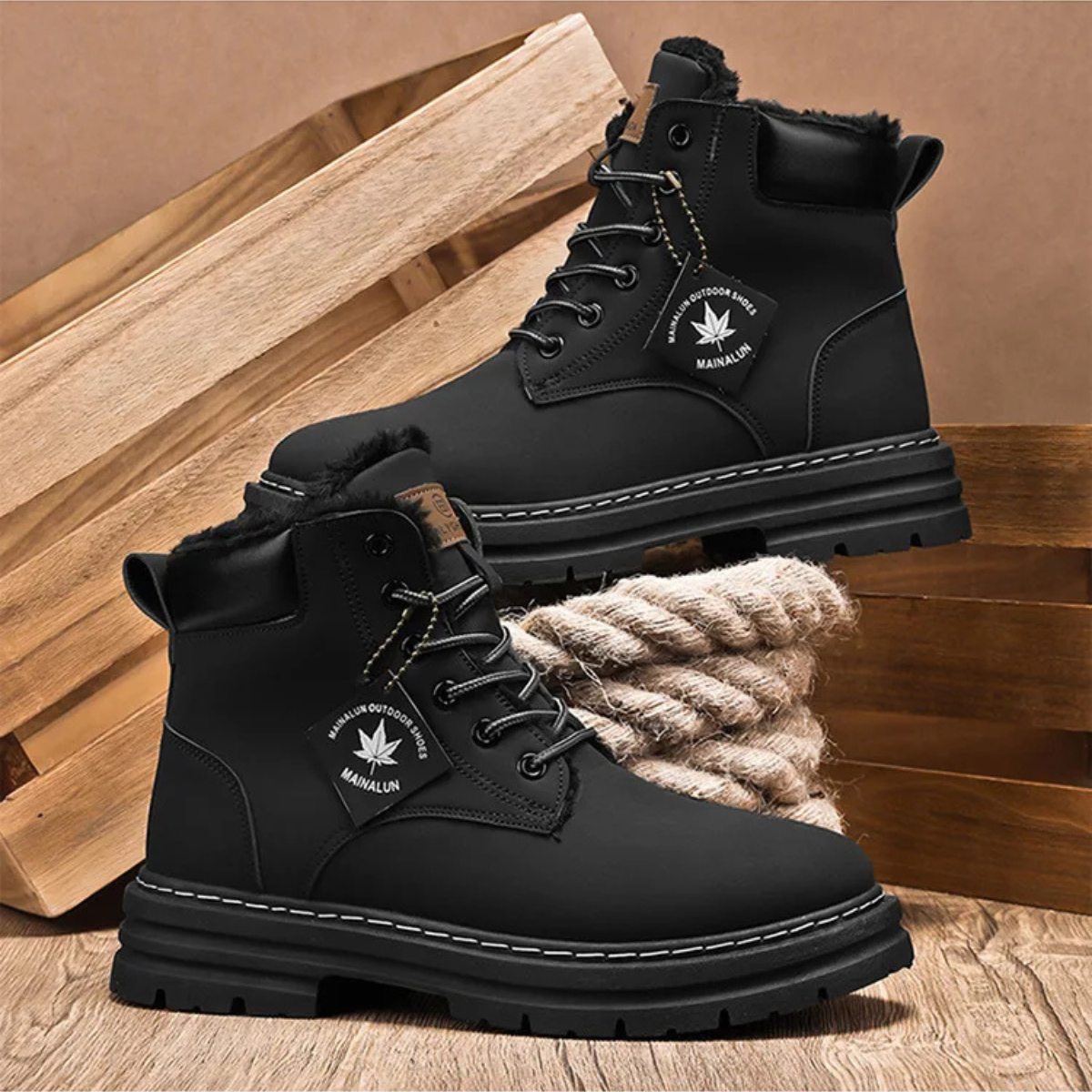 Men's black fur-lined snow boots, lace-up with braided faux-fur accent and thick outsole