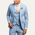 Men's 3-piece slim-fit suit set in light blue with jacket and vest plus matching trousers.