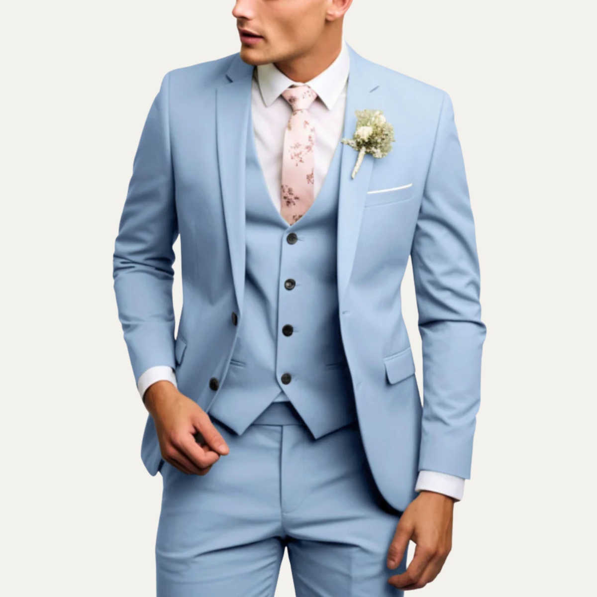 Men's 3-piece slim-fit suit set in light blue with jacket and vest plus matching trousers.