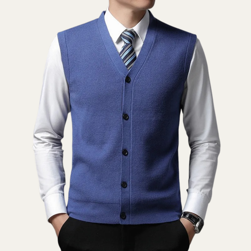 Men's blue V-neck sweater vest with button front and ribbed hem