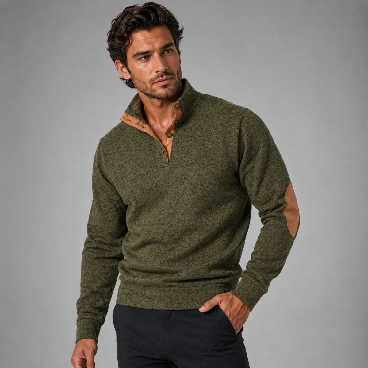 Men's army green fleece stand-collar sweater with suede elbow patches and snap-front placket