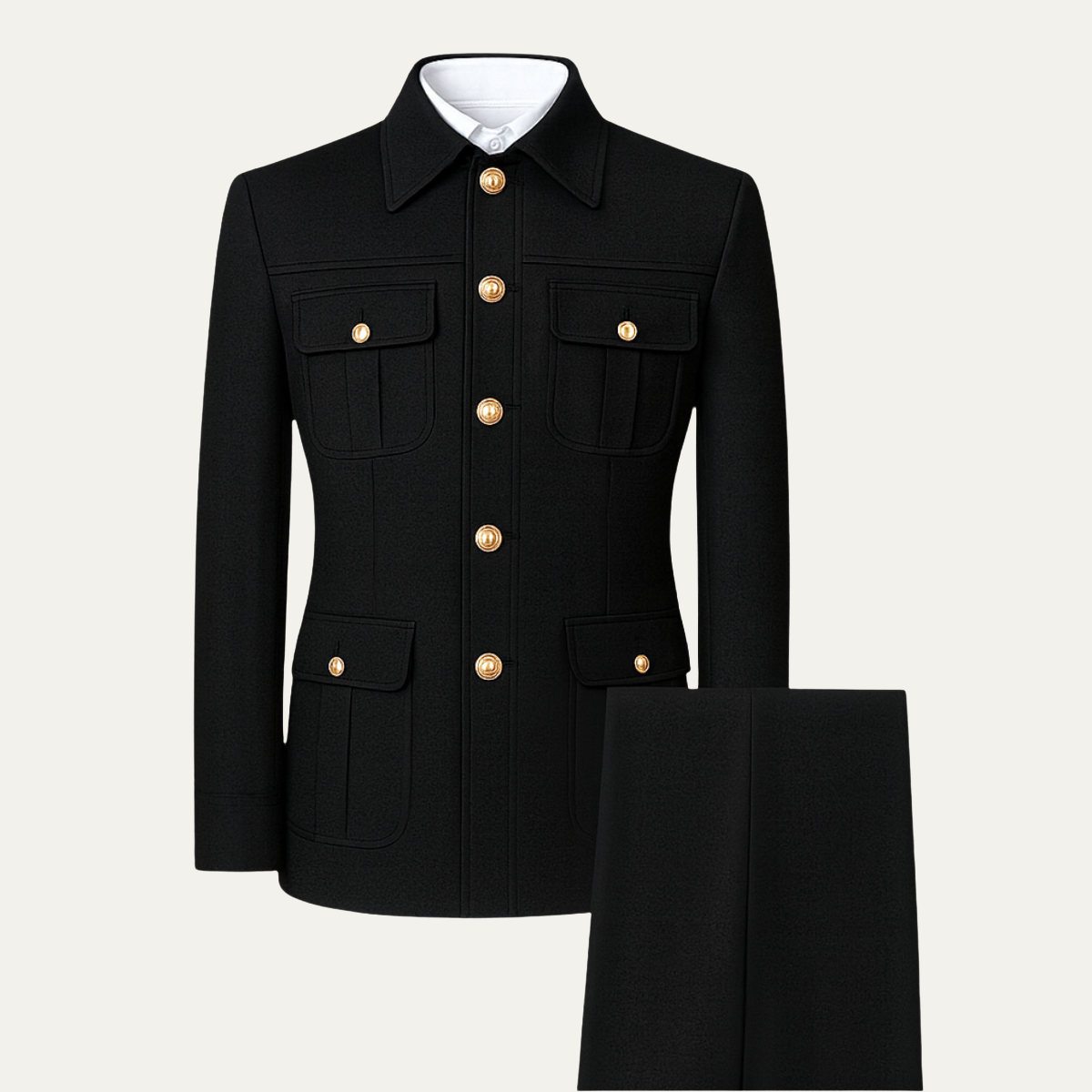 Men's black classic fit multi-pocket business suit set with jacket and matching trousers