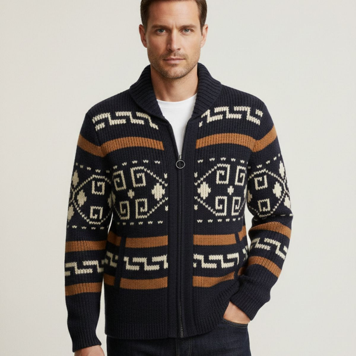 Navy shawl-collar zip cardigan with geometric sweater yoke pattern