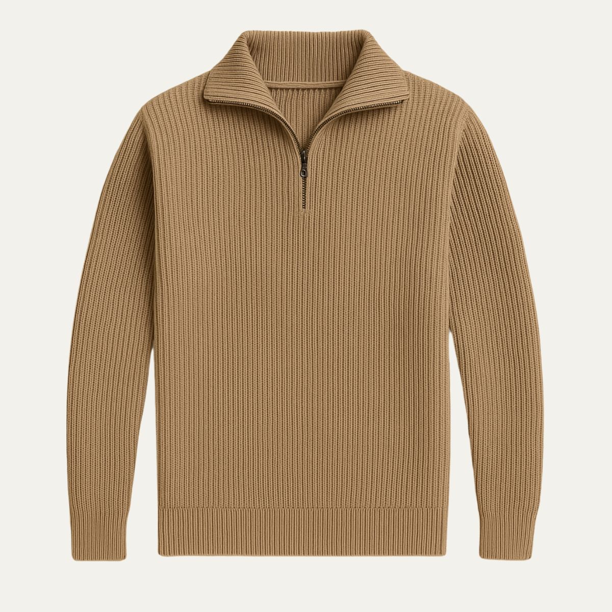 Beige merino knit quarter-zip sweater with ribbed stand collar and zip placket