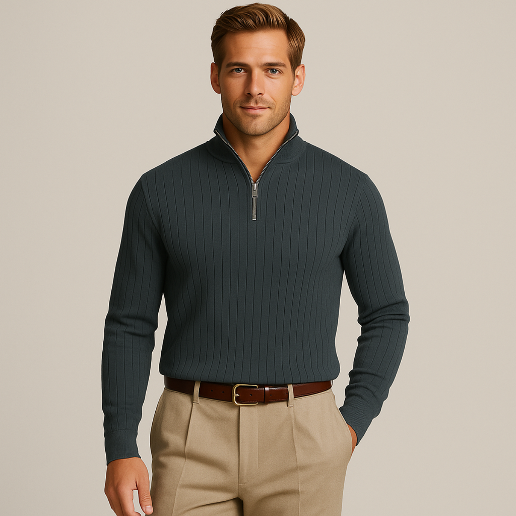Men's ribbed half-zip sweater in dark gray, long sleeves with stand collar zipper.