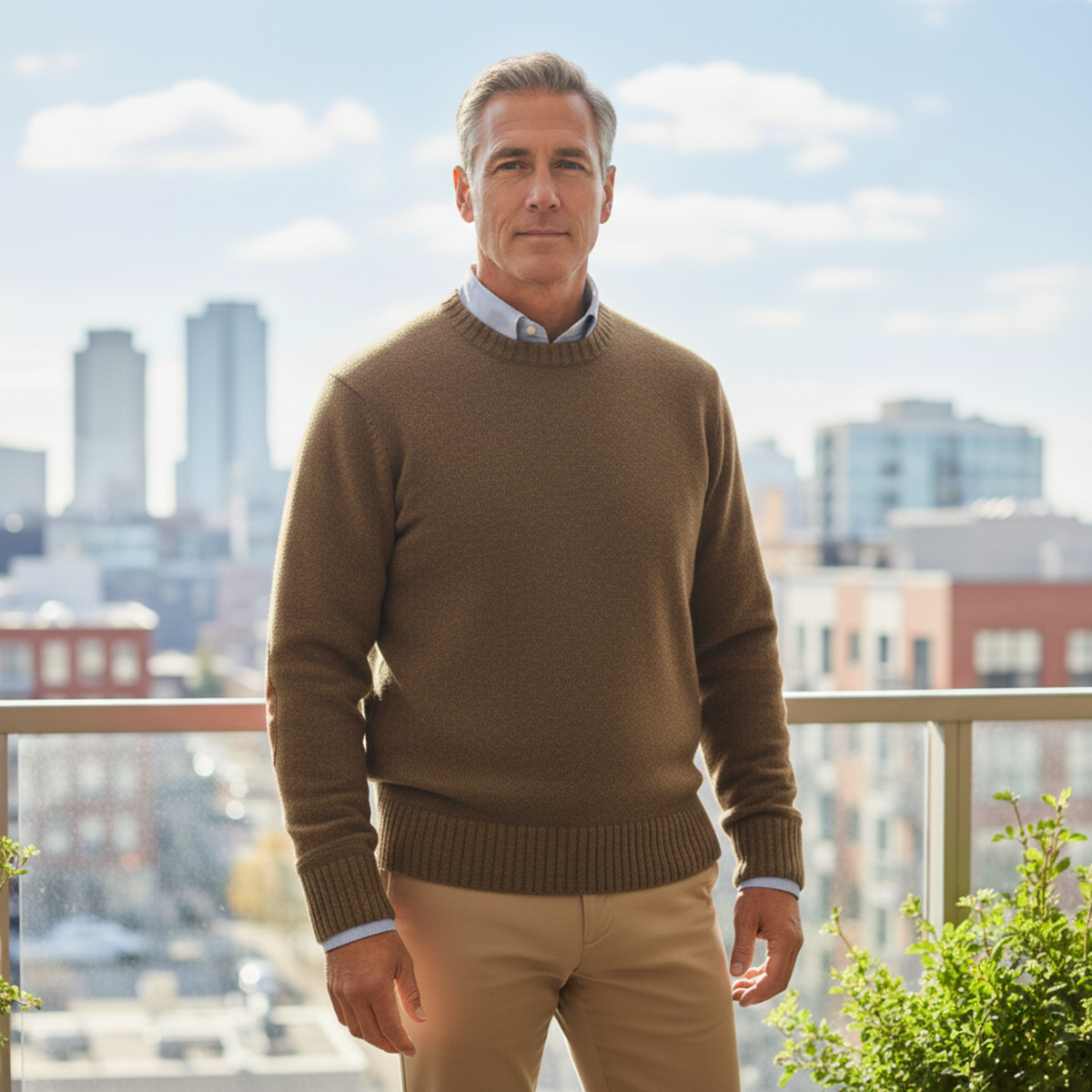 Men's oversized knit sweater in brown with ribbed crewneck, hem, and cuffs
