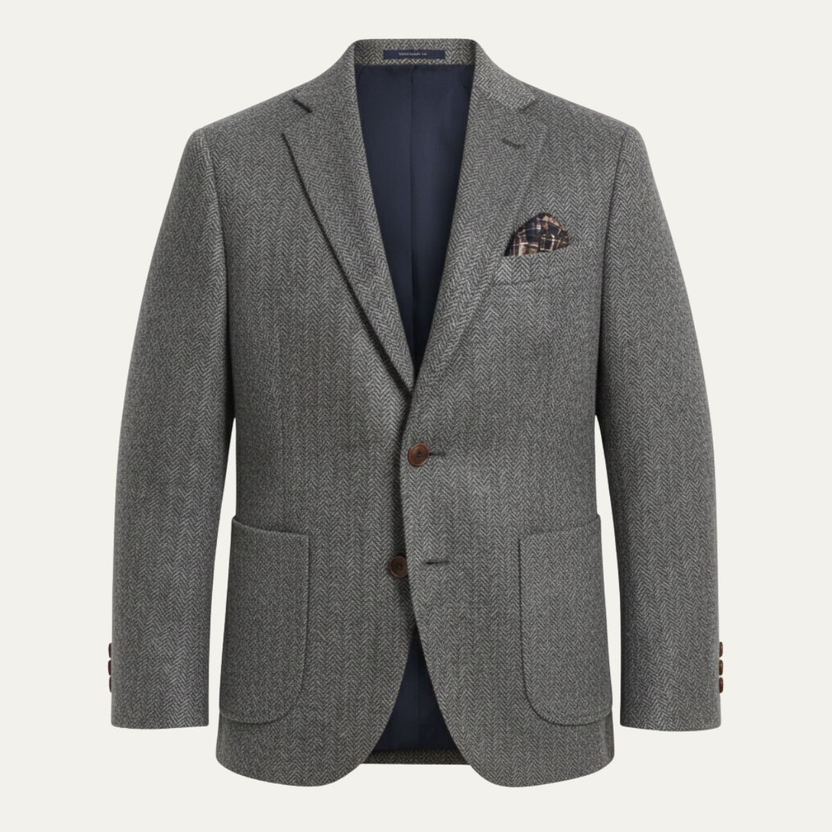 Gray men’s single-breasted herringbone wool blazer, notch lapels, flap pockets