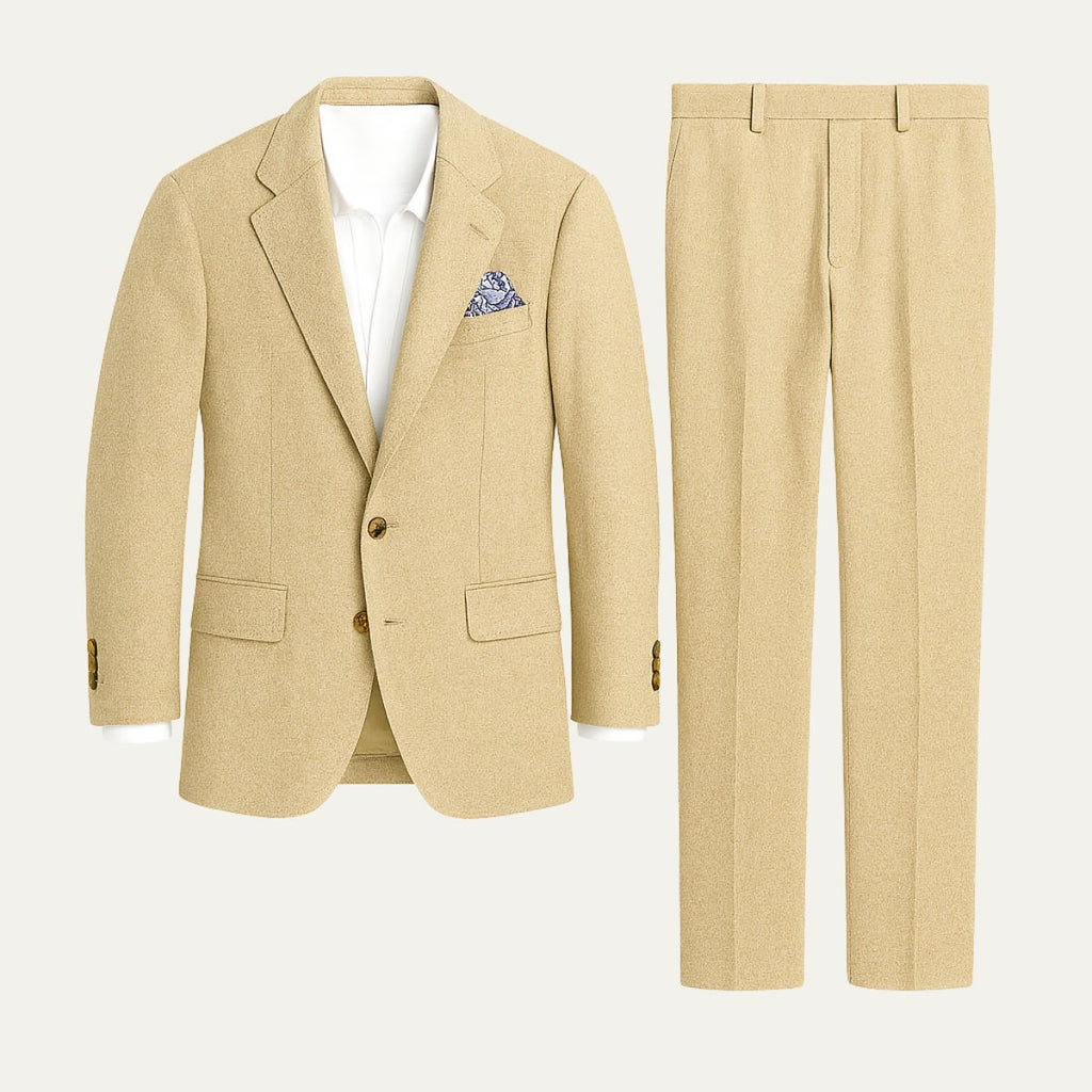 Khaki linen two-piece men’s suit set: single-breasted blazer and matching trousers