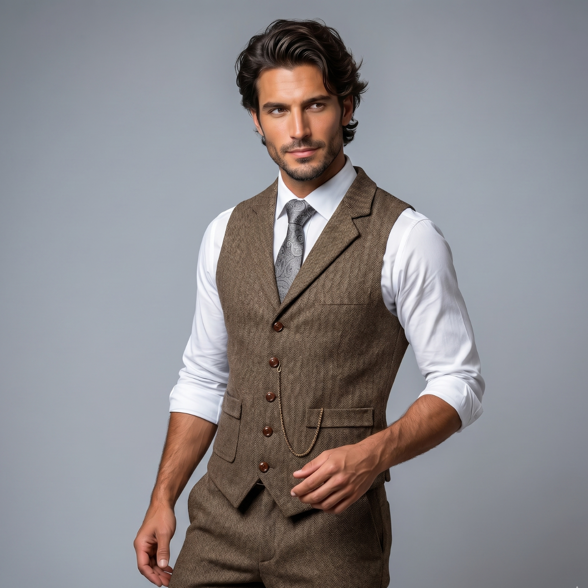 Men’s dark brown tweed waistcoat worn over a white shirt, notch lapels and buttons