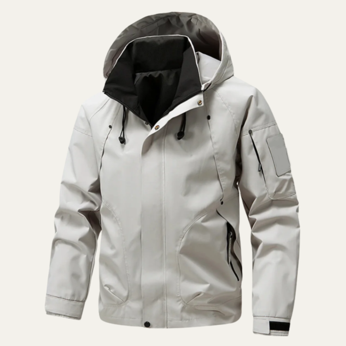 Light waterproof rain jacket with hood, zip front, drawstring cords, sleeve pockets
