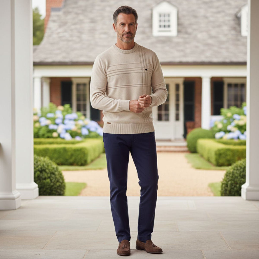 Men's beige crew neck sweater with ribbed cuffs, hem, and horizontal stripe detail