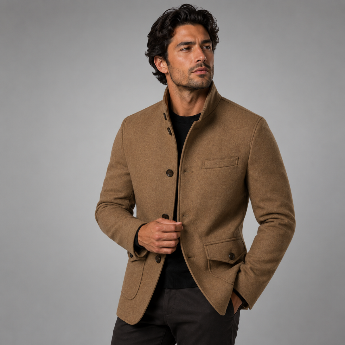 Men's wool overcoat in camel brown, button front with flap pockets