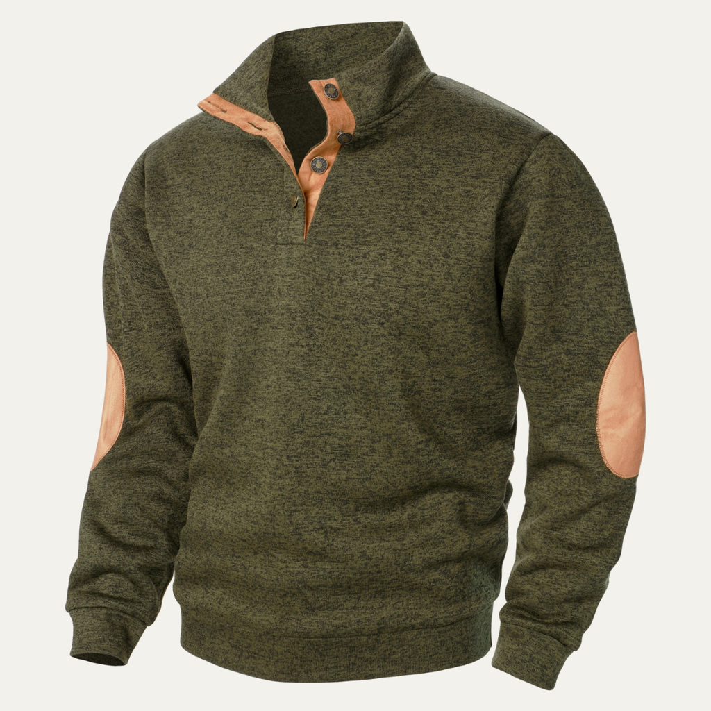 Men's army green fleece stand-collar sweater with tan suede elbow patches and button placket