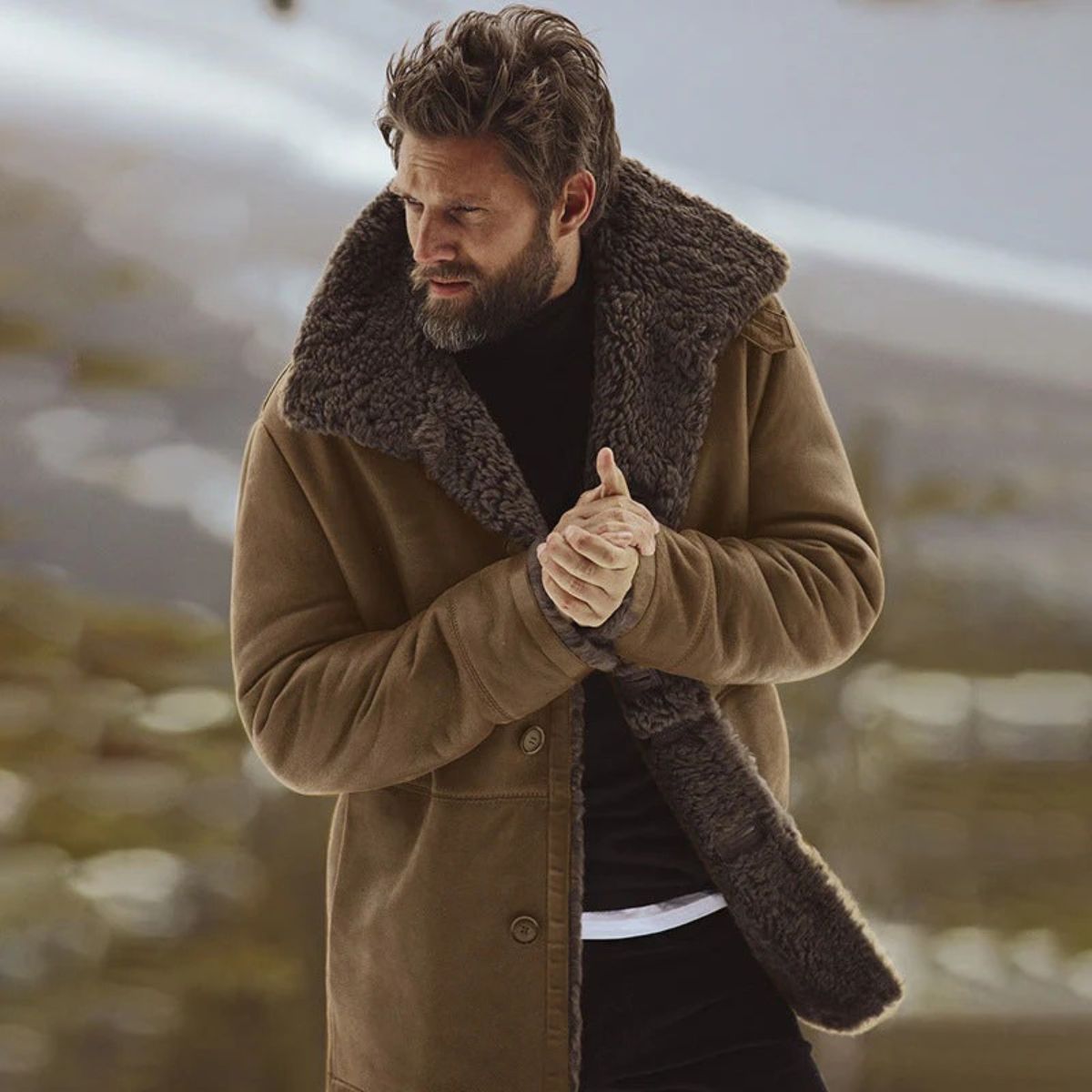 Men's sherpa-lined wool overcoat, tan-brown with dark sherpa lining and button front