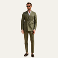 Men’s olive green slim fit suit with notched lapel blazer and flat-front trousers