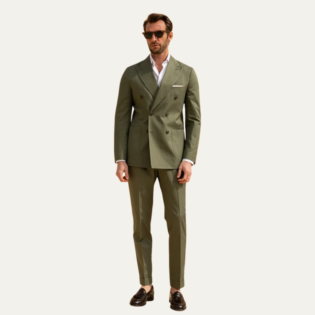 Men’s olive green slim fit suit with notched lapel blazer and flat-front trousers