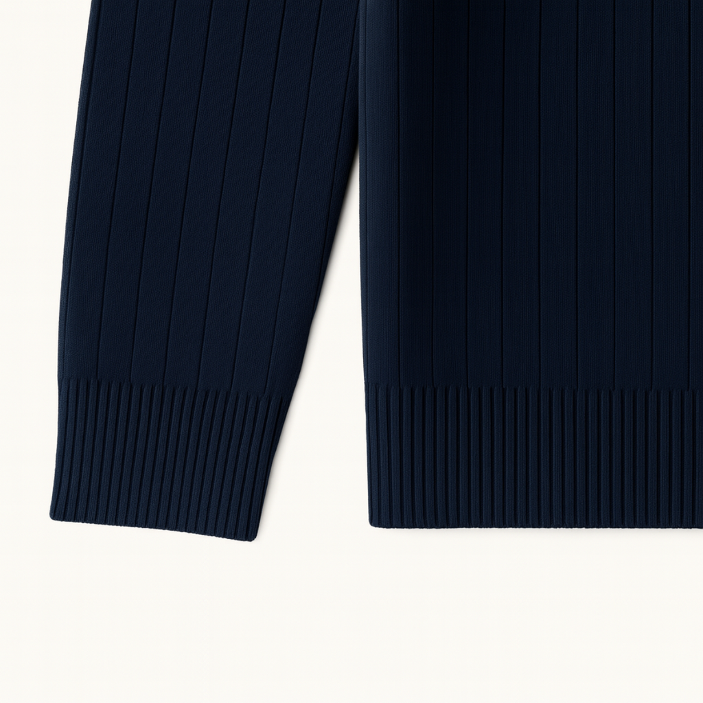 Navy ribbed half-zip sweater sleeve and ribbed hem cuff detail