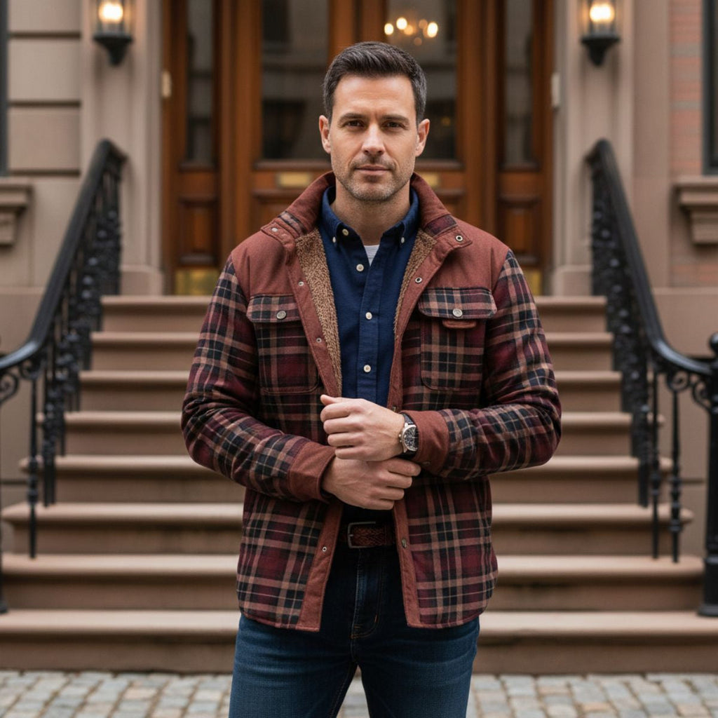 Men's warm plaid check jacket, brown-burgundy with snap pockets