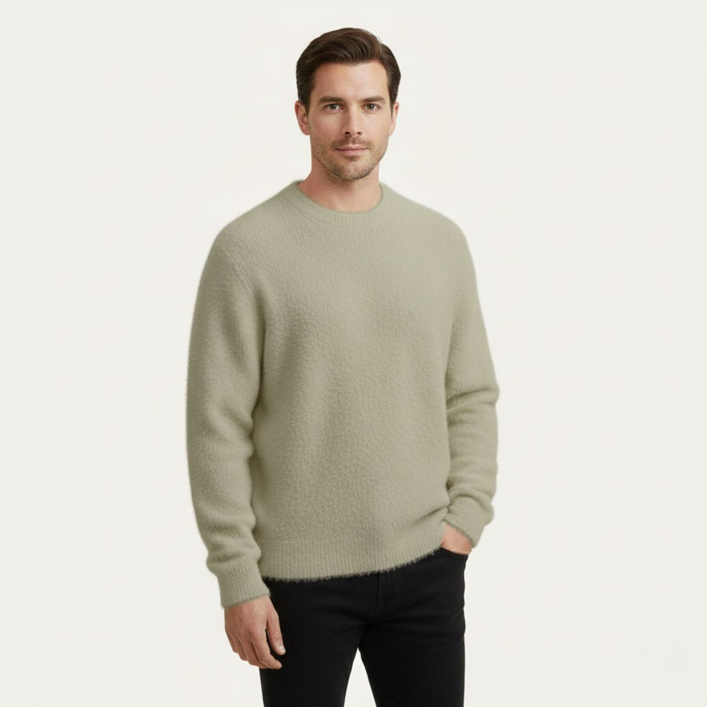 Olive green crewneck cashmere sweater, ribbed cuffs and hem