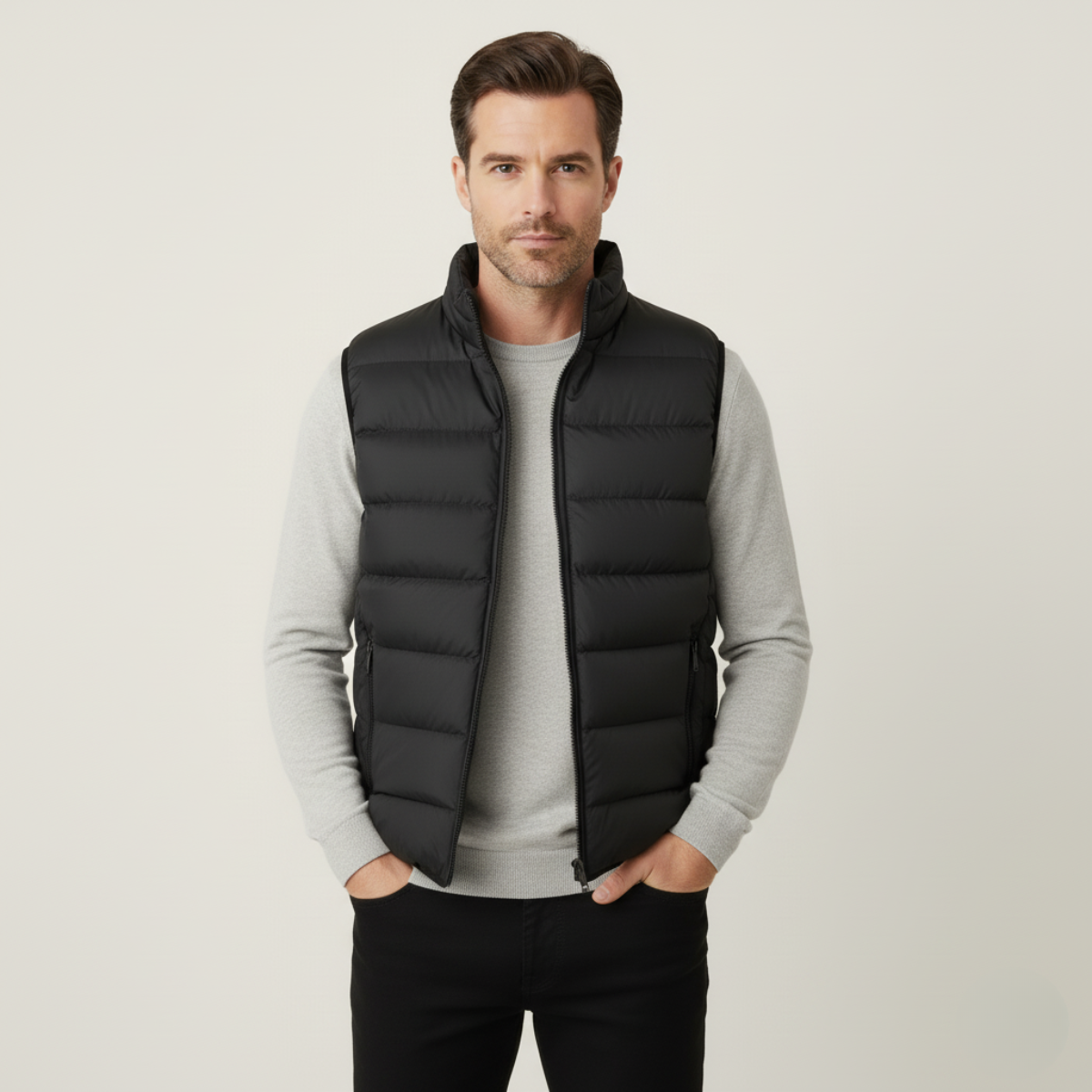 Men's black puffer quilted vest with front zipper and stand collar, worn
