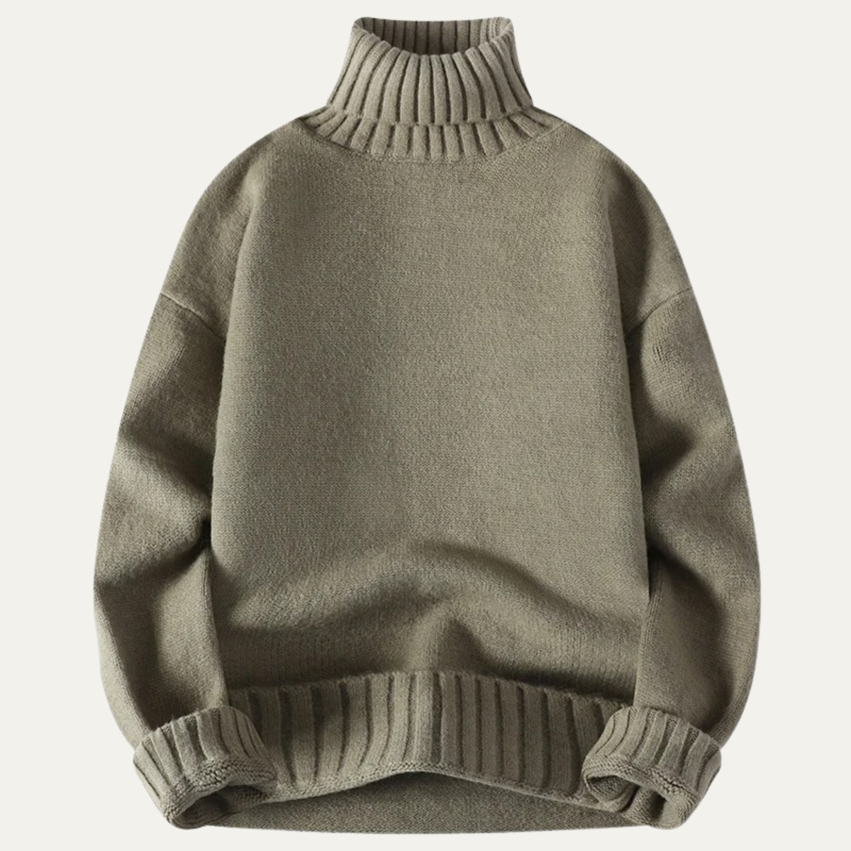 Men’s gray-green soft knit turtleneck sweater with ribbed collar and cuffs