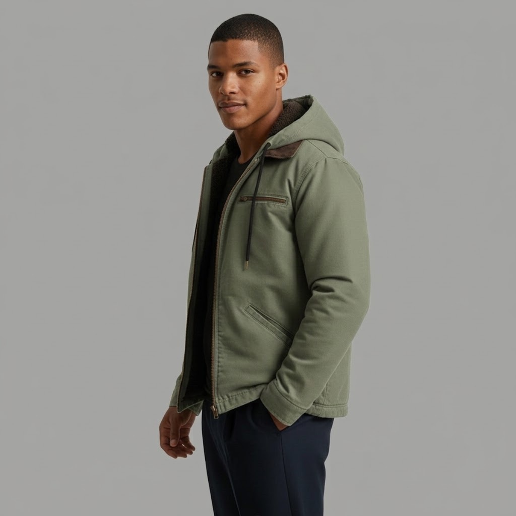 Men's hooded fleece-lined jacket in olive green with zip front and side pockets.