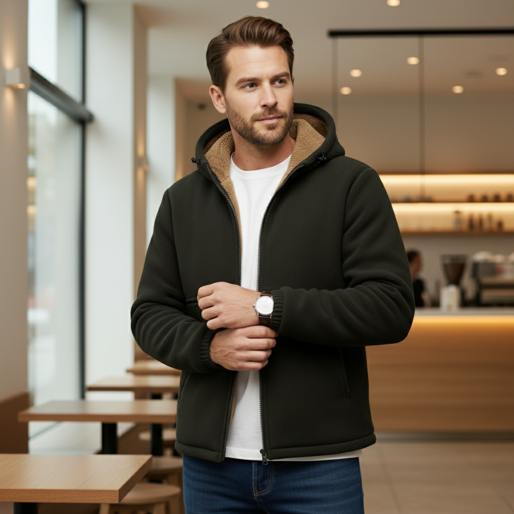 Men's fleece-lined hooded jacket, dark green with sherpa-lined hood and zip front
