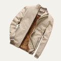 Cream men's sherpa-lined bomber jacket with zip front and ribbed cuffs