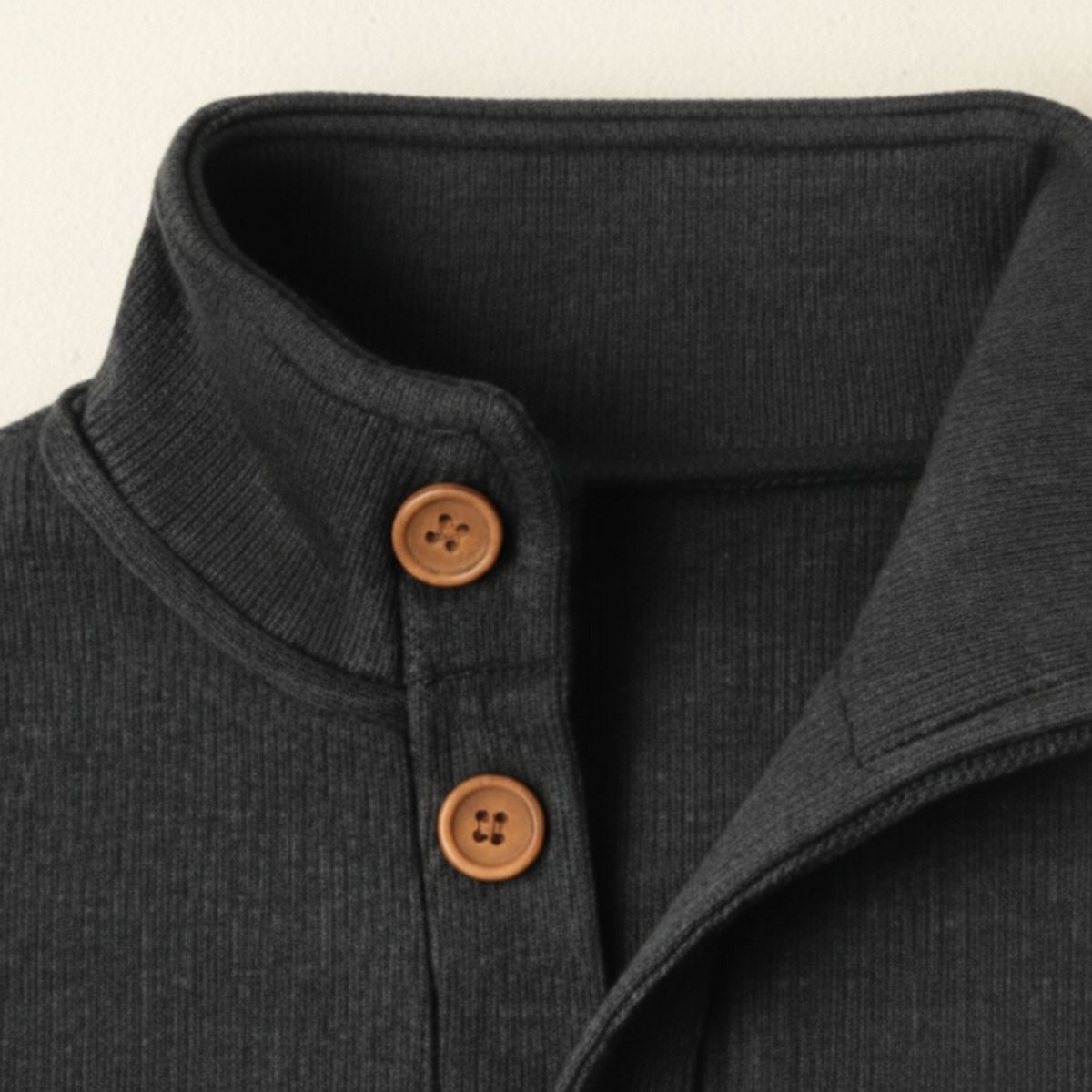 Gray knit mock neck with two-button placket and ribbed collar