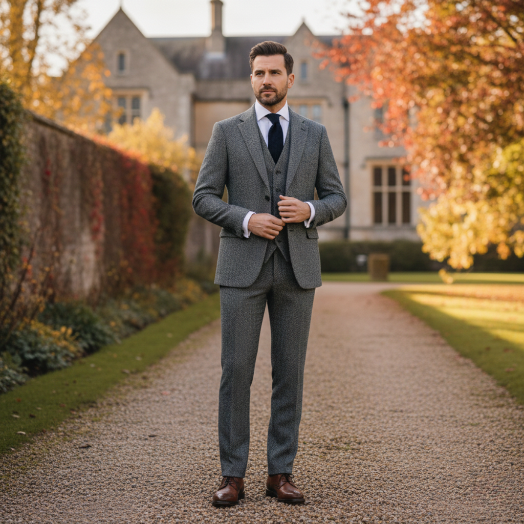 Men's dark gray tweed herringbone 3-piece suit front view, slim fit, with vest