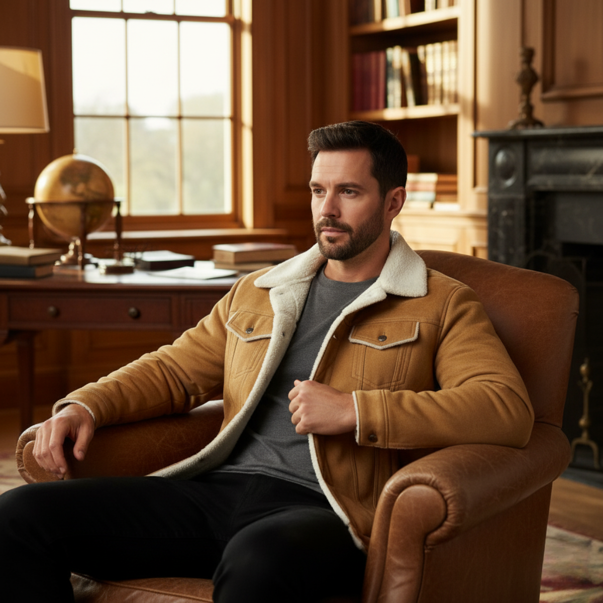 Men's tan suede jacket with sherpa-trim collar and lining, snap pockets, button front.