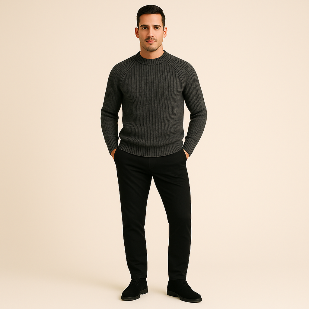 Men's dark gray cashmere crewneck sweater with ribbed collar and cuffs
