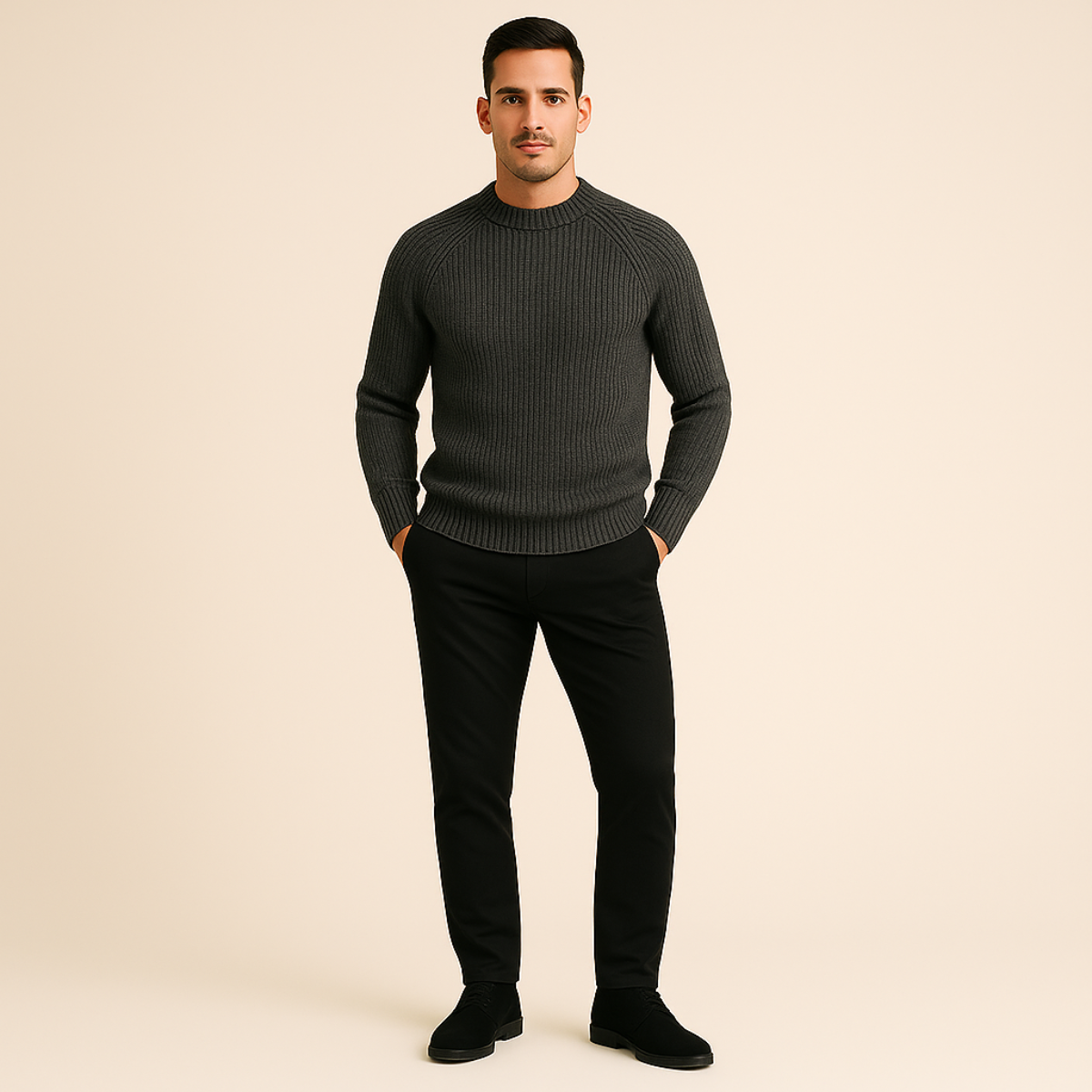 Men's dark gray cashmere crewneck sweater with ribbed collar and cuffs