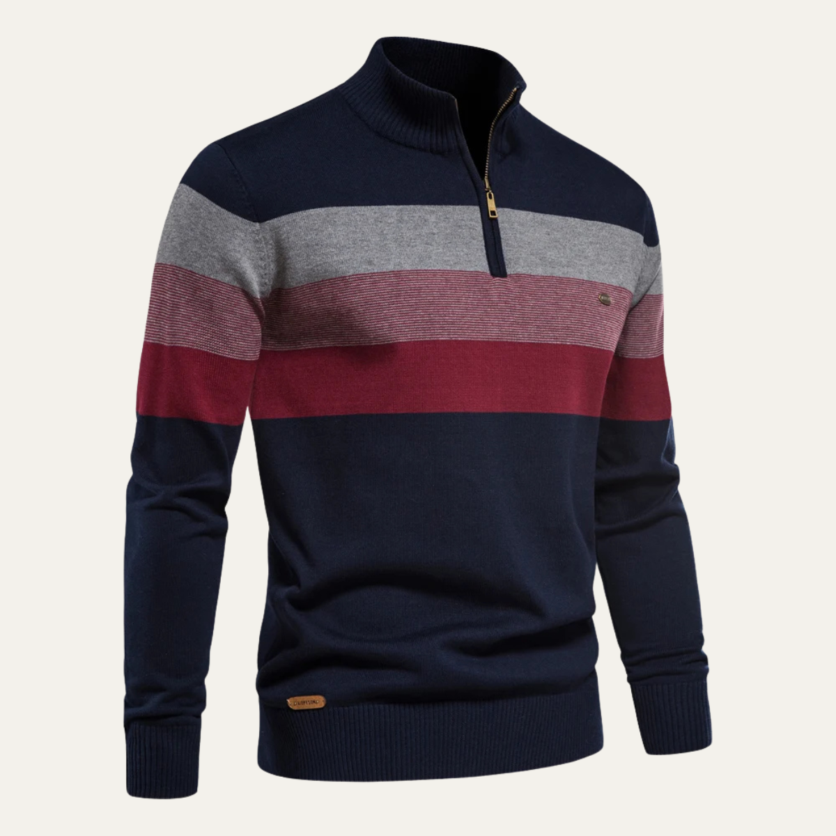 Men’s mock-neck sweater with quarter-zip in navy, gray and burgundy color blocks