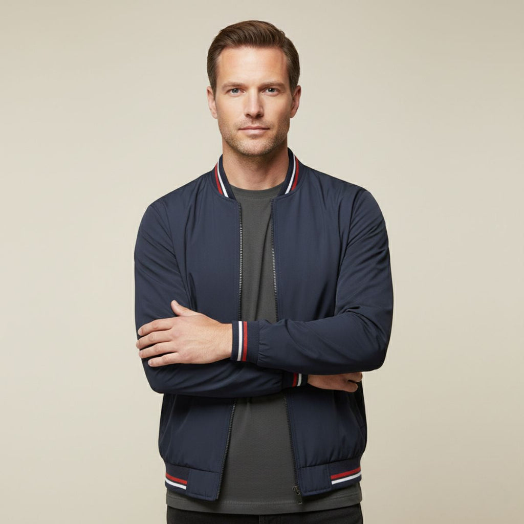 Men's lightweight bomber jacket, dark navy with zip front and striped ribbed collar cuffs