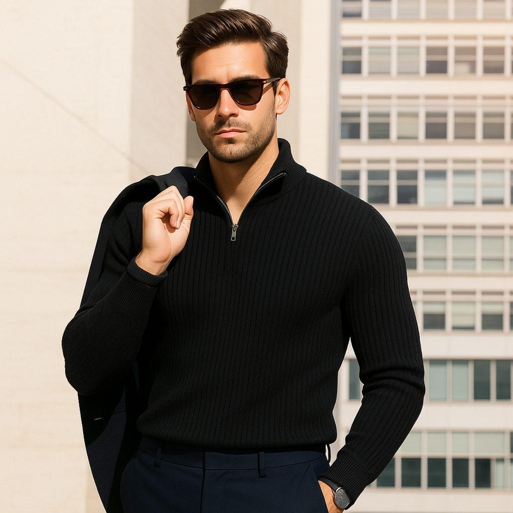 Black merino knit quarter-zip sweater with ribbed texture and zip neck