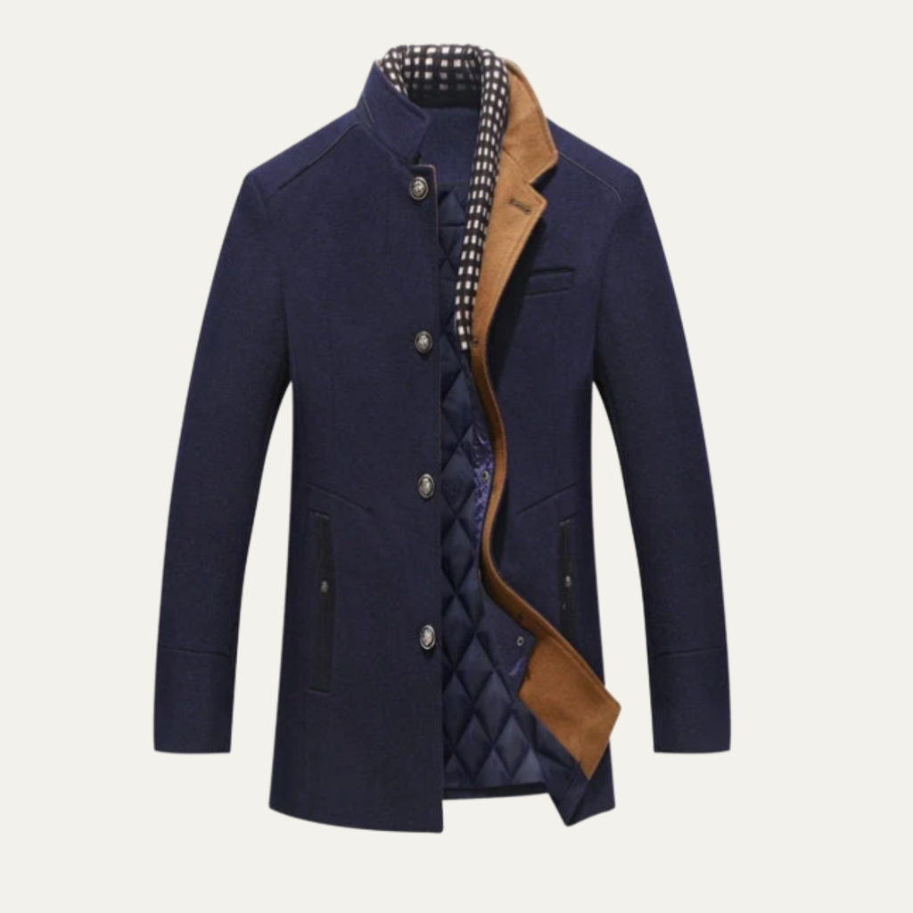 Men's wool coat, dark blue, button-front with standing collar and quilted lining