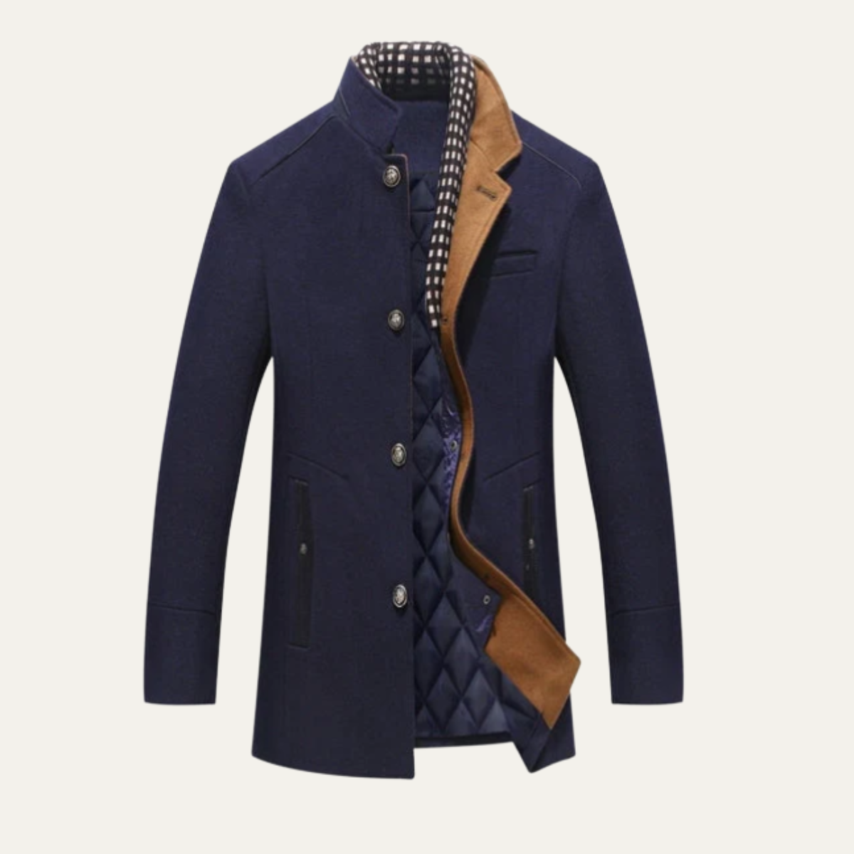 Men's wool coat, dark blue, button-front with standing collar and quilted lining