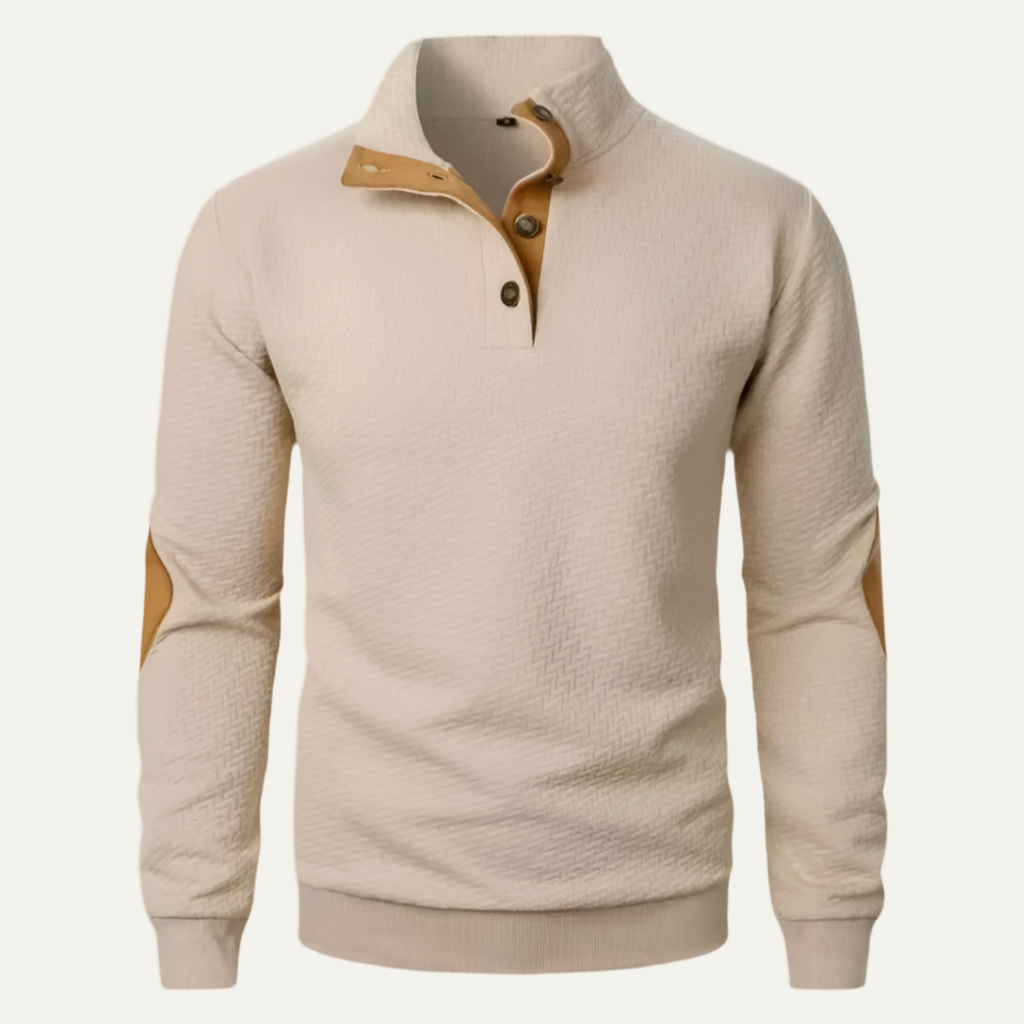 Beige quarter-zip sweater with tan button placket and ribbed cuffs