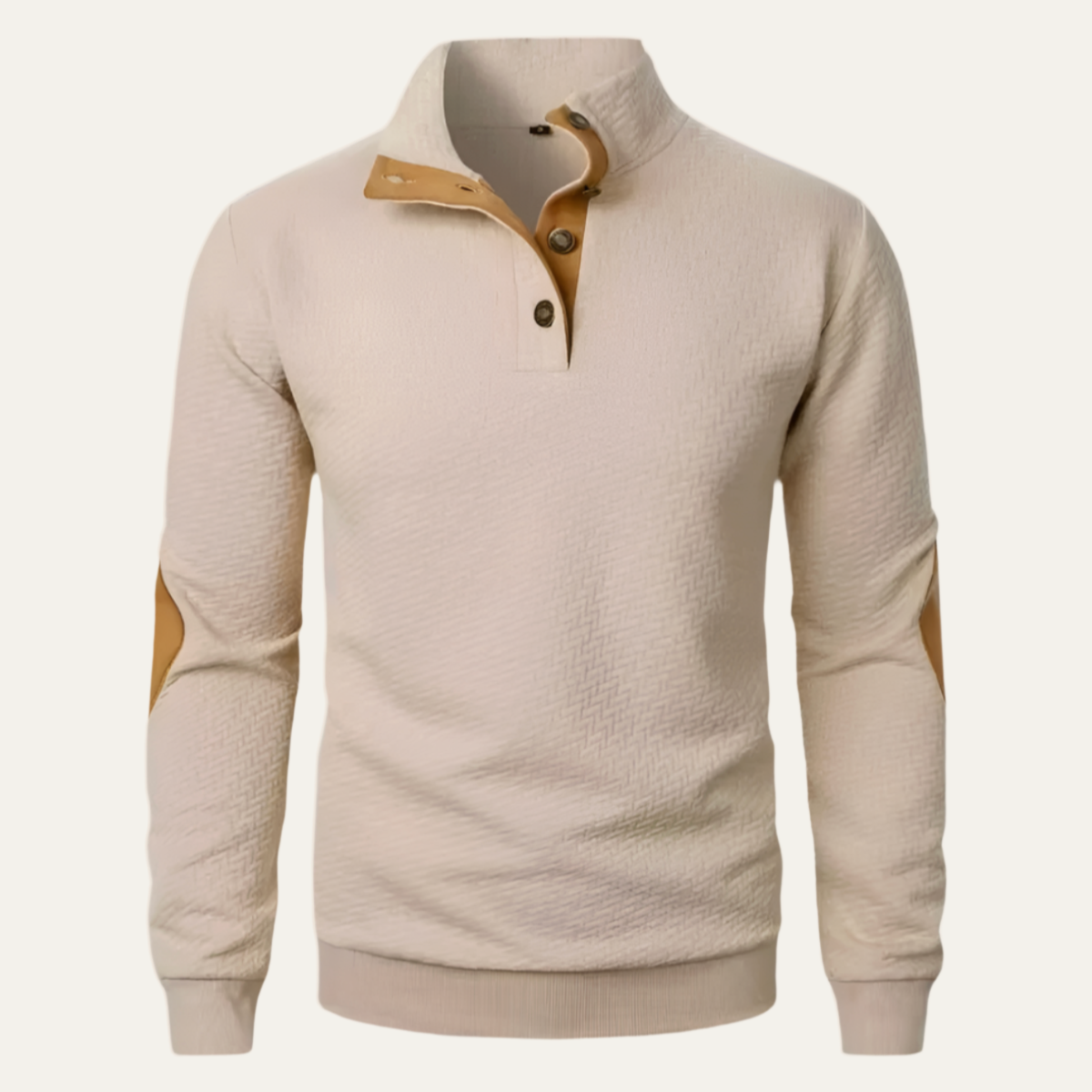 Beige quarter-zip sweater with tan button placket and ribbed cuffs