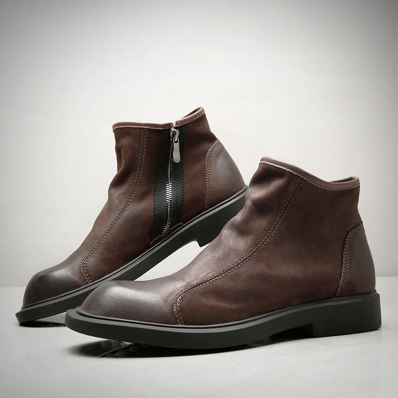 Men's warm plush zip-up leather ankle boots, brown, with side zippers and rubber soles